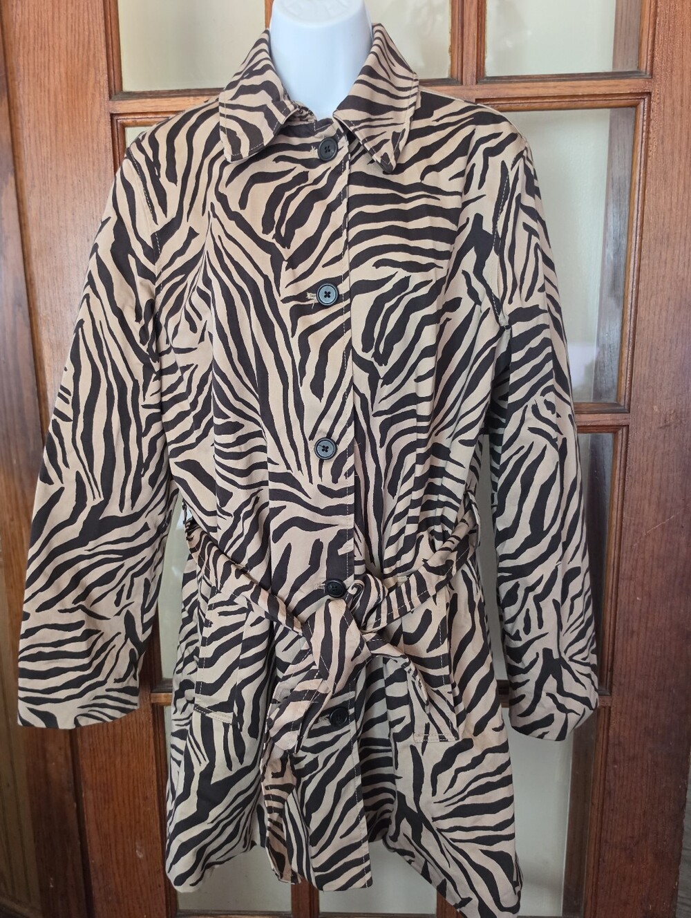 Chaps Zebra Print Coat Womens Belted Button Down Tan Beige Black Trench Size XL